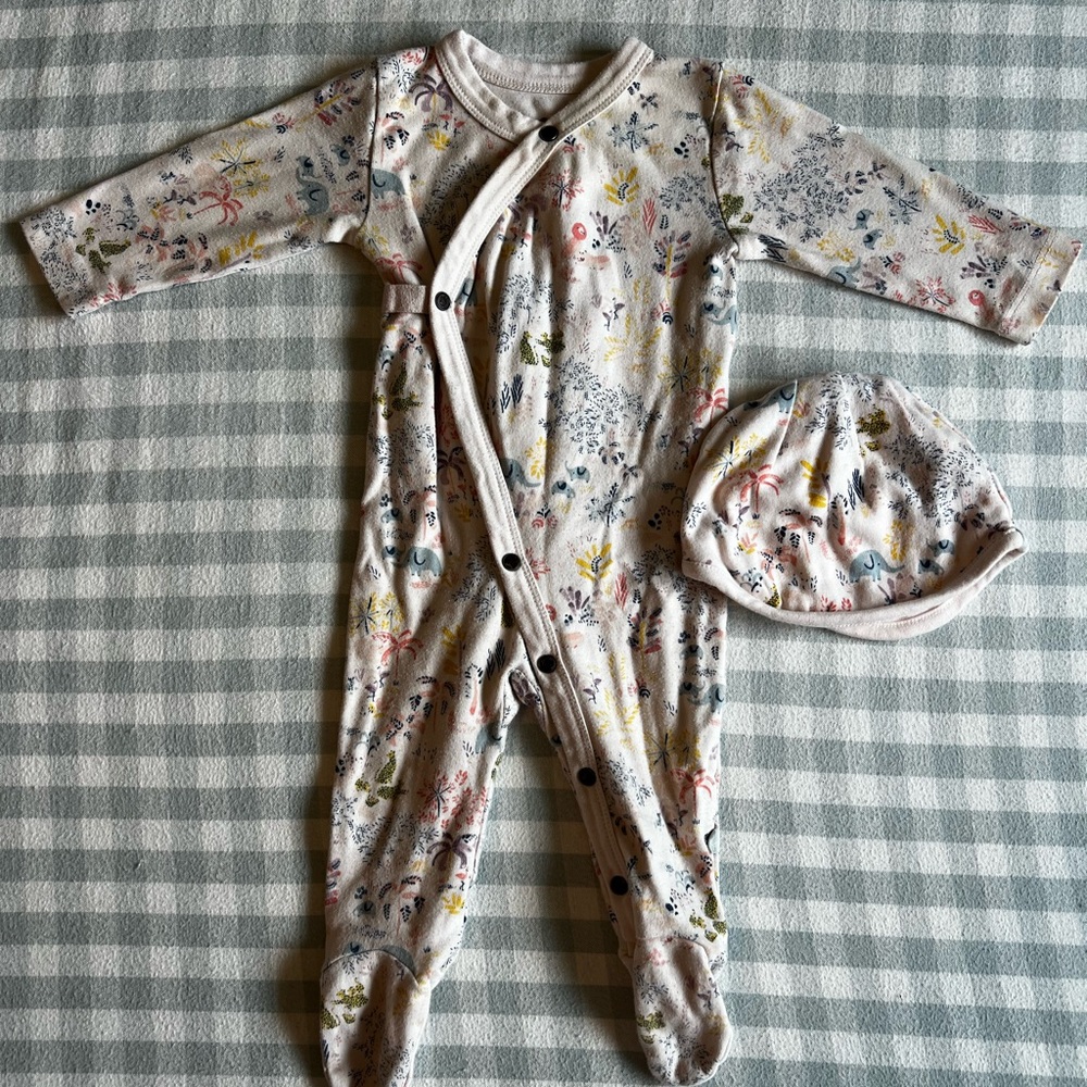 Finn + Emma organic cotton footed sleeper + hat